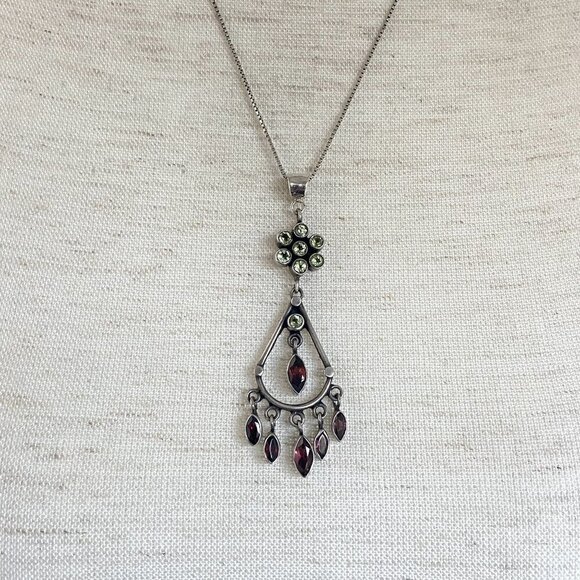 Sterling Silver 925 Red Garnet & Peridot Chandelier Pendant Necklace 20" Chain - Picture 5 of 16
